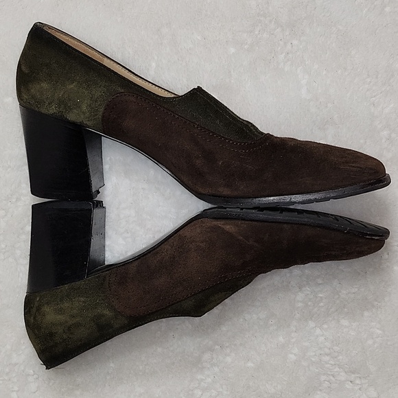 SalvatoreFerragamo Albia Vintage Chocolate Brown Green Suede Heel Loafers Sz8.5 - Picture 3 of 16